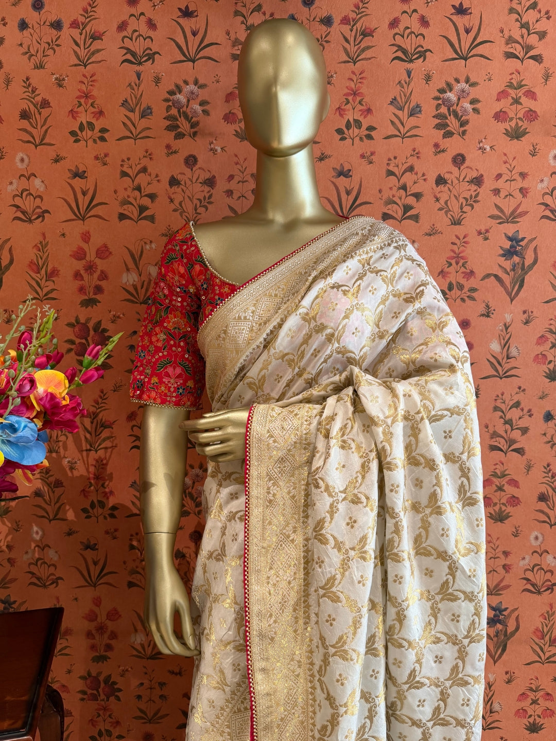 Off White Gold Zari Woven Floral Saree with Rich Pallu and Contrast Red Edging
