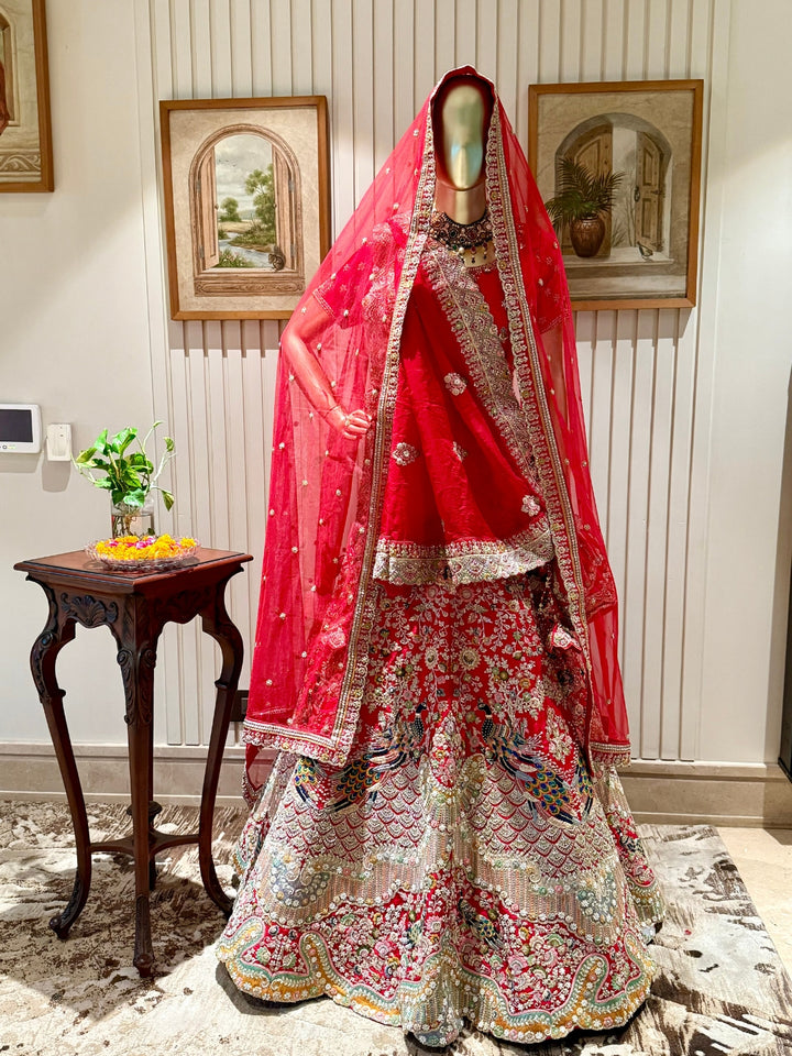 Bridal Lehenga with Heavy Peacock Embroidery, Floral Zardozi Work & Embellished Dupatta