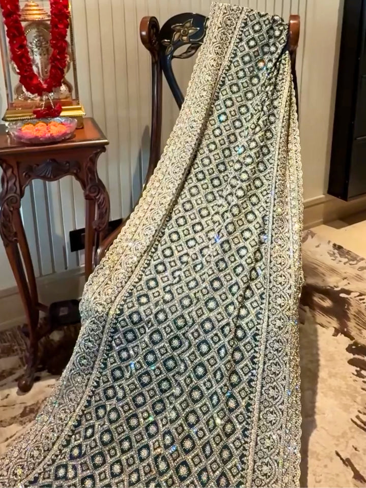 Embroidered Teal Saree with Allover Jaal Floral Motifs