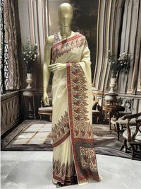 Off-White Banarasi Meenakari Silk Saree with Multicolour Bird Jaal & Contrast Pallu