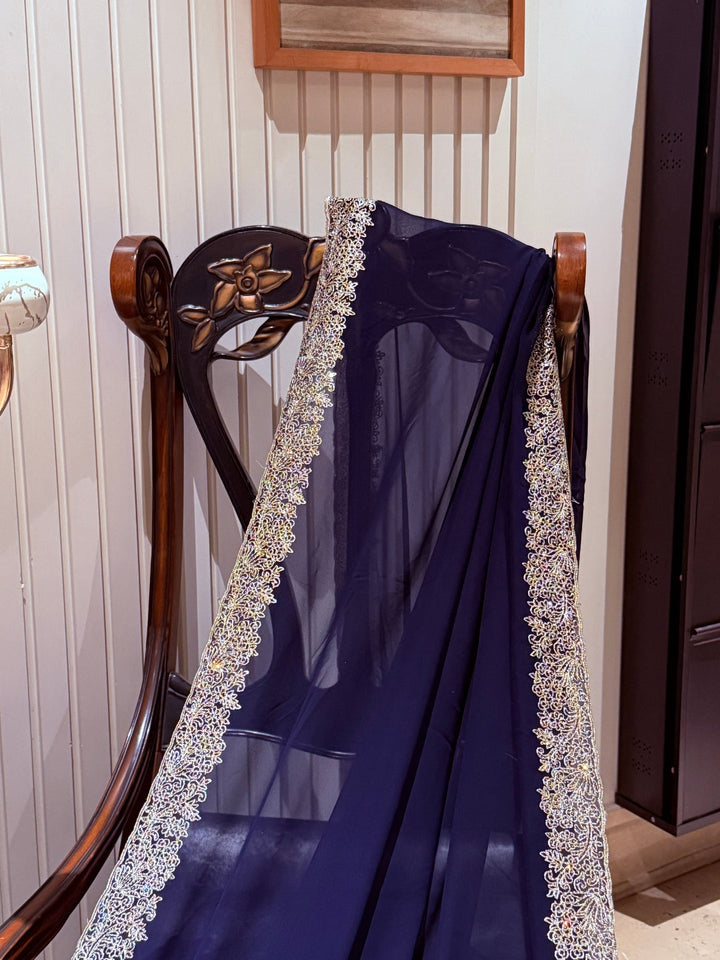 Navy Blue Georgette Saree with Silver Pastel Sequin Floral Embroidered Broad Border