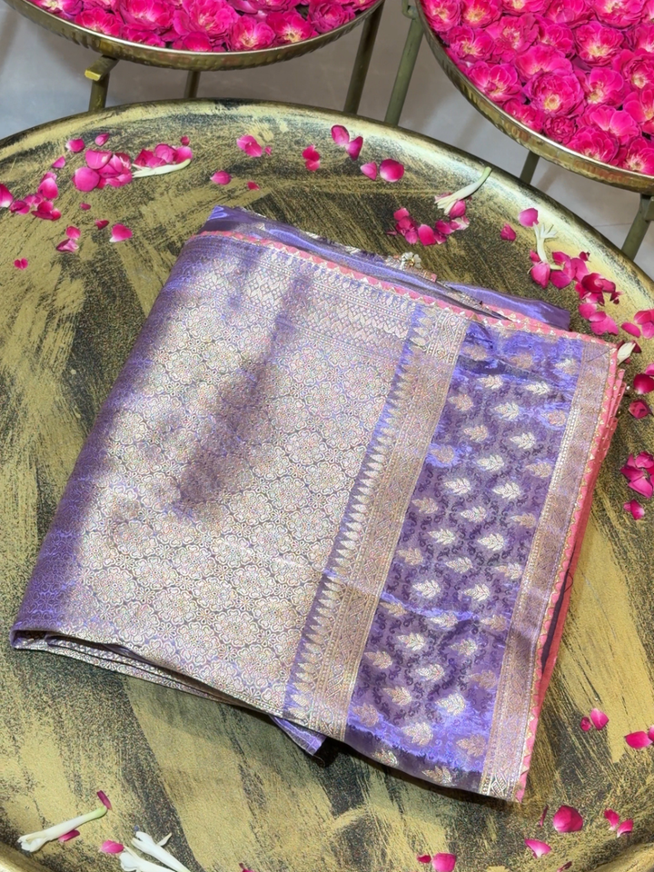 Banarasi Silk Heavy Zari Woven Floral Jaal Saree with Heavy Zari &amp; Sequin Embroidered Blouse