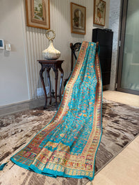 Turquoise Blue Saree with All-Over Ethnic Bird & Floral Digital Print and Contrast Border