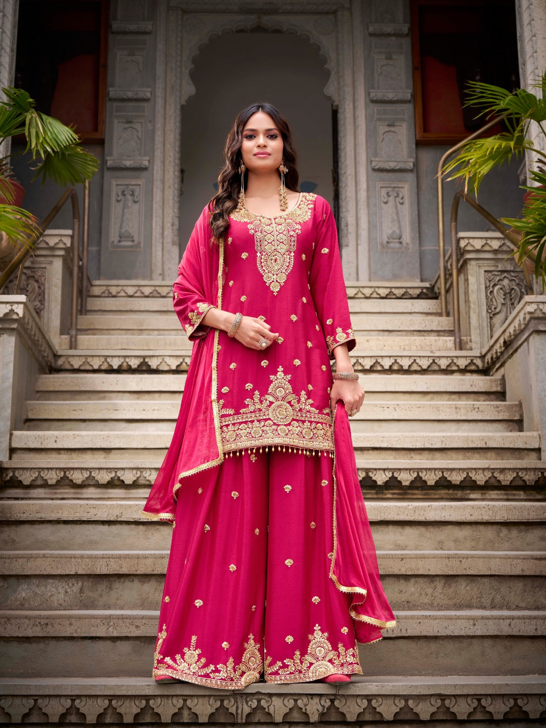 Magenta Pink Embroidered Georgette Kurta Sharara Set with Heavy Thread Zari Work