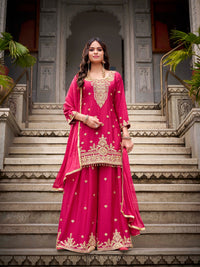 Magenta Pink Embroidered Georgette Kurta Sharara Set with Heavy Thread Zari Work