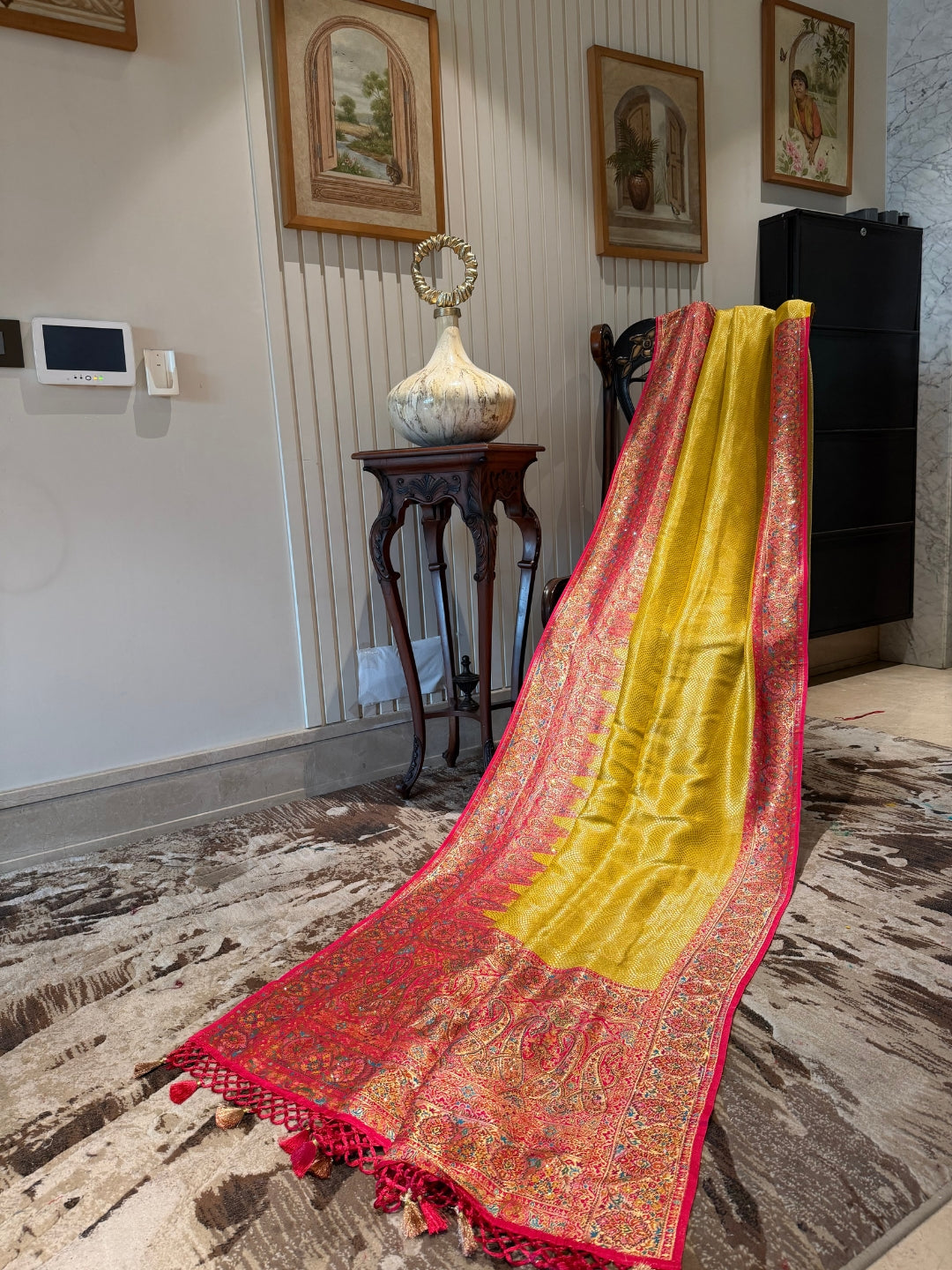 Yellow Saree with Red Ethnic Woven Pallu, Contrast Pink Border & Tassel Detailing