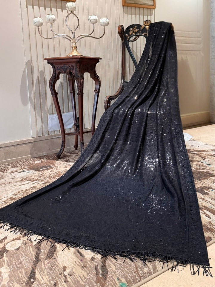 Black All-Over Sequin Saree with Tonal Embroidered Border and Fringe Pallu