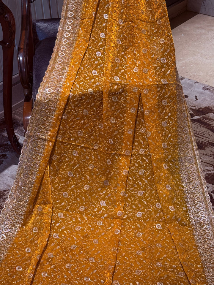 Intricately Embroidered Saree with All-Over Zari Floral Jaal & Broad Paisley Border