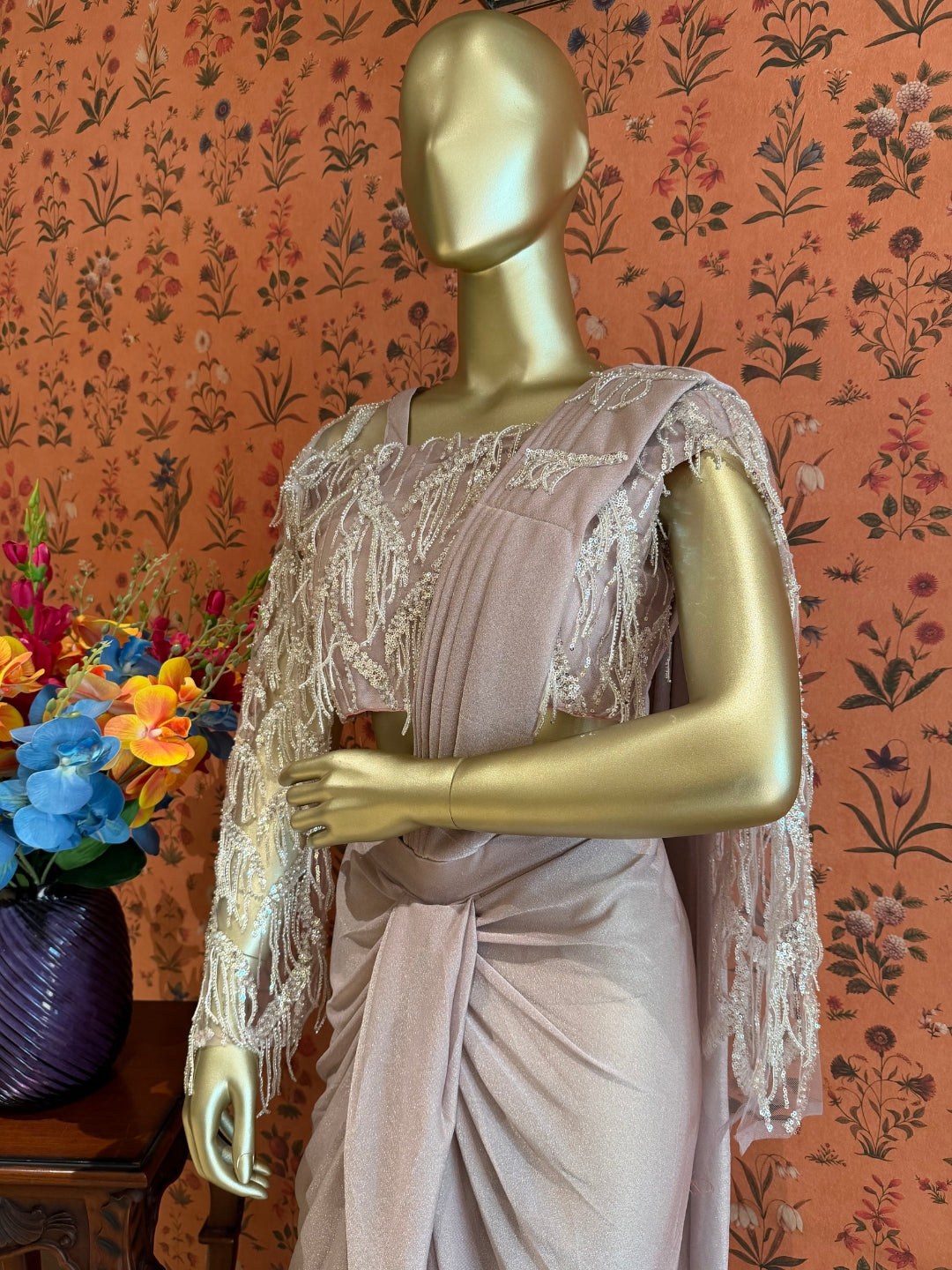 Dusty Mauve Shimmer Draped Saree with Beaded Fringe Embroidered Cape Blouse