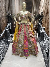 Patchwork embroidered lehenga set with pearl, mirror & sequin work dupatta.