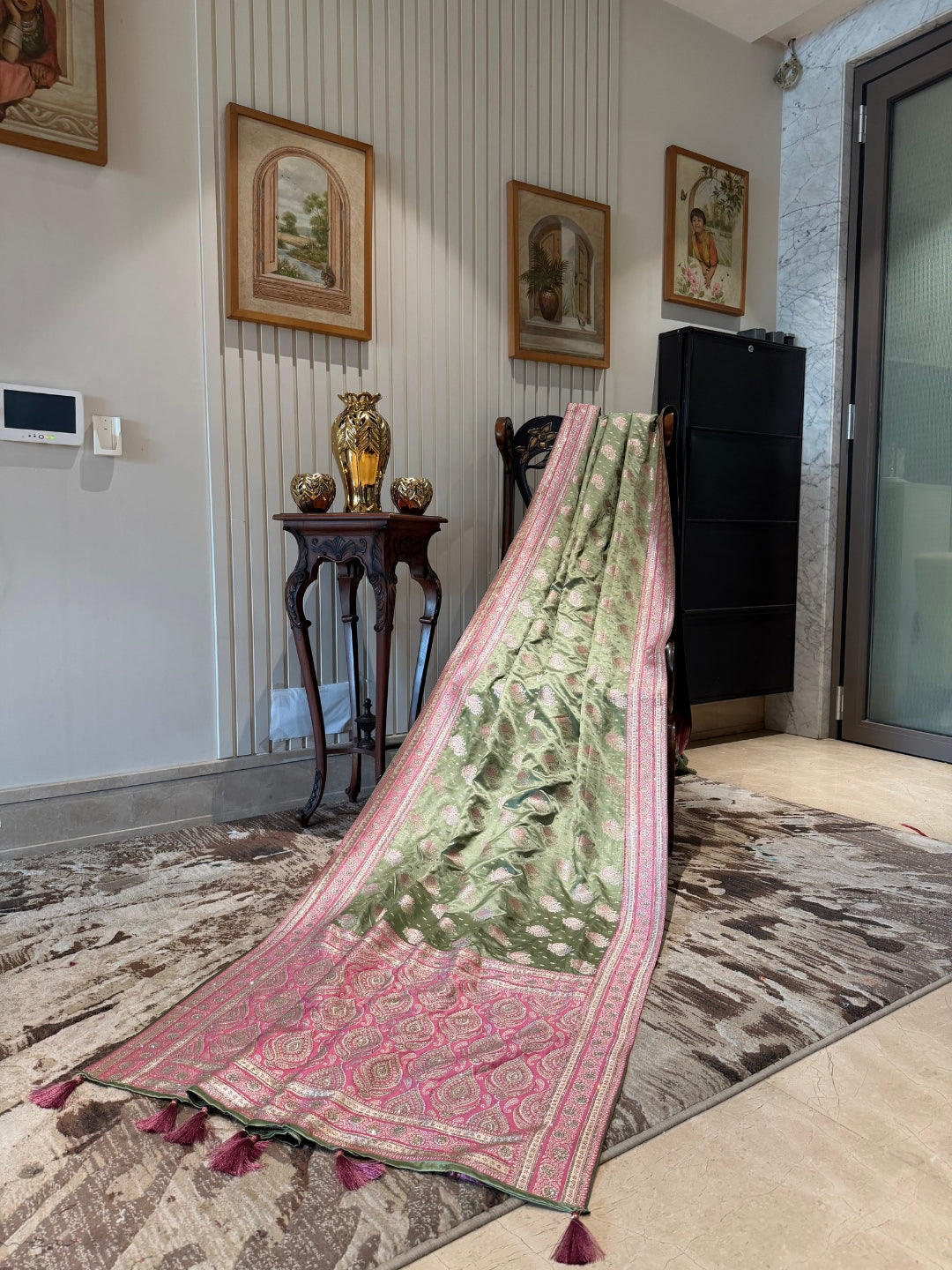 Pastel Green Pink Zari Butta Woven Banarasi Art Silk Saree with Contrast Pallu Border.