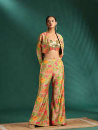 Mirror Embellished Floral Co-Ord Set with Printed Pant and Open Jacket