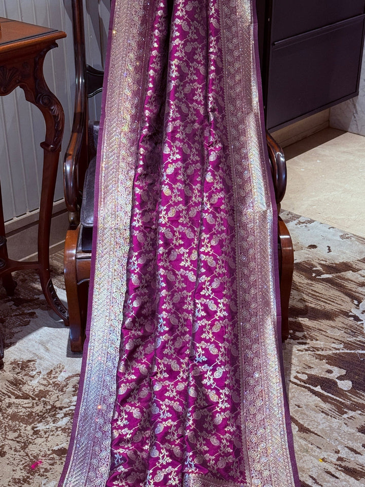 Banarasi Art Silk Saree with Antique Gold Floral Jali & Wide Brocade Border