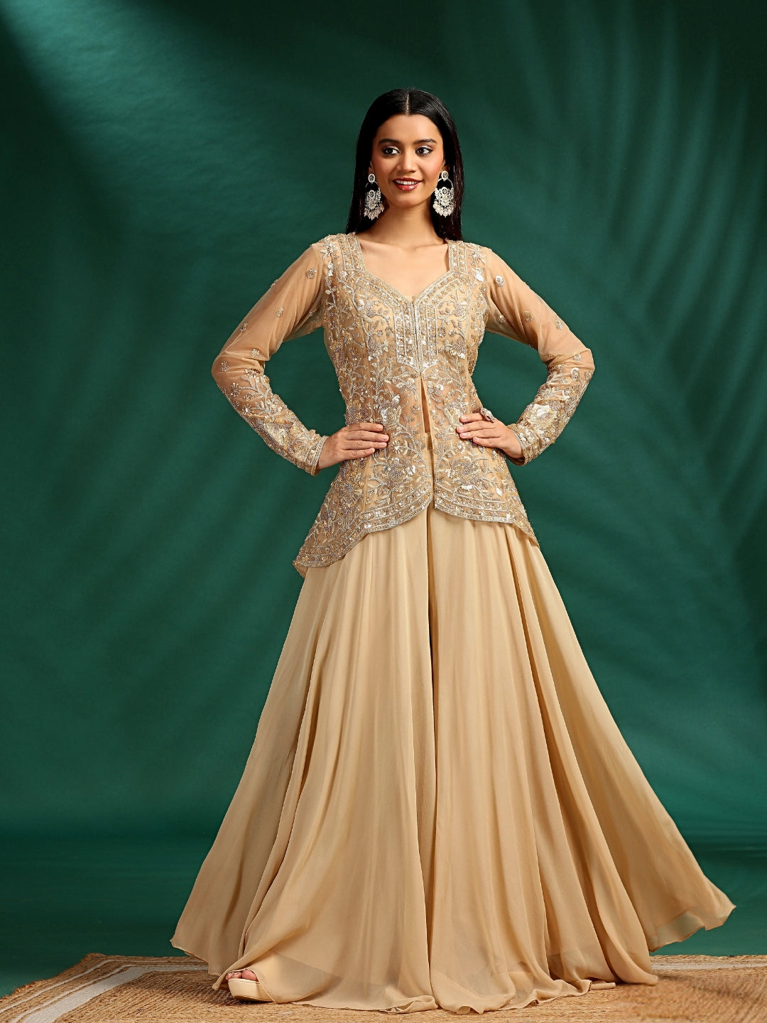 Embroidered Net Peplum Top with Sequins & Thread Work Flared