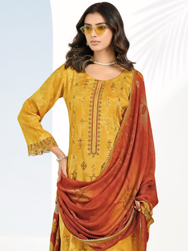 Cotton Printed & Embroidered Unstitched Suit Dupatta in Mustard & Rust