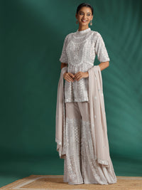 Sequin Embroidered Short Kurta with Flared Sharara and Dupatta Set