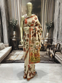 Ivory Banarasi Silk Saree with Multicolour Village Scene Pallu & Floral Temple Border