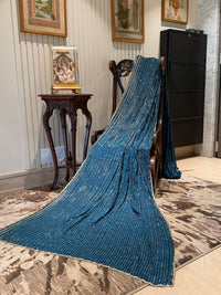 Teal Blue Saree with All-Over Vertical Sequin Stripe Work and Subtle Scallop Border