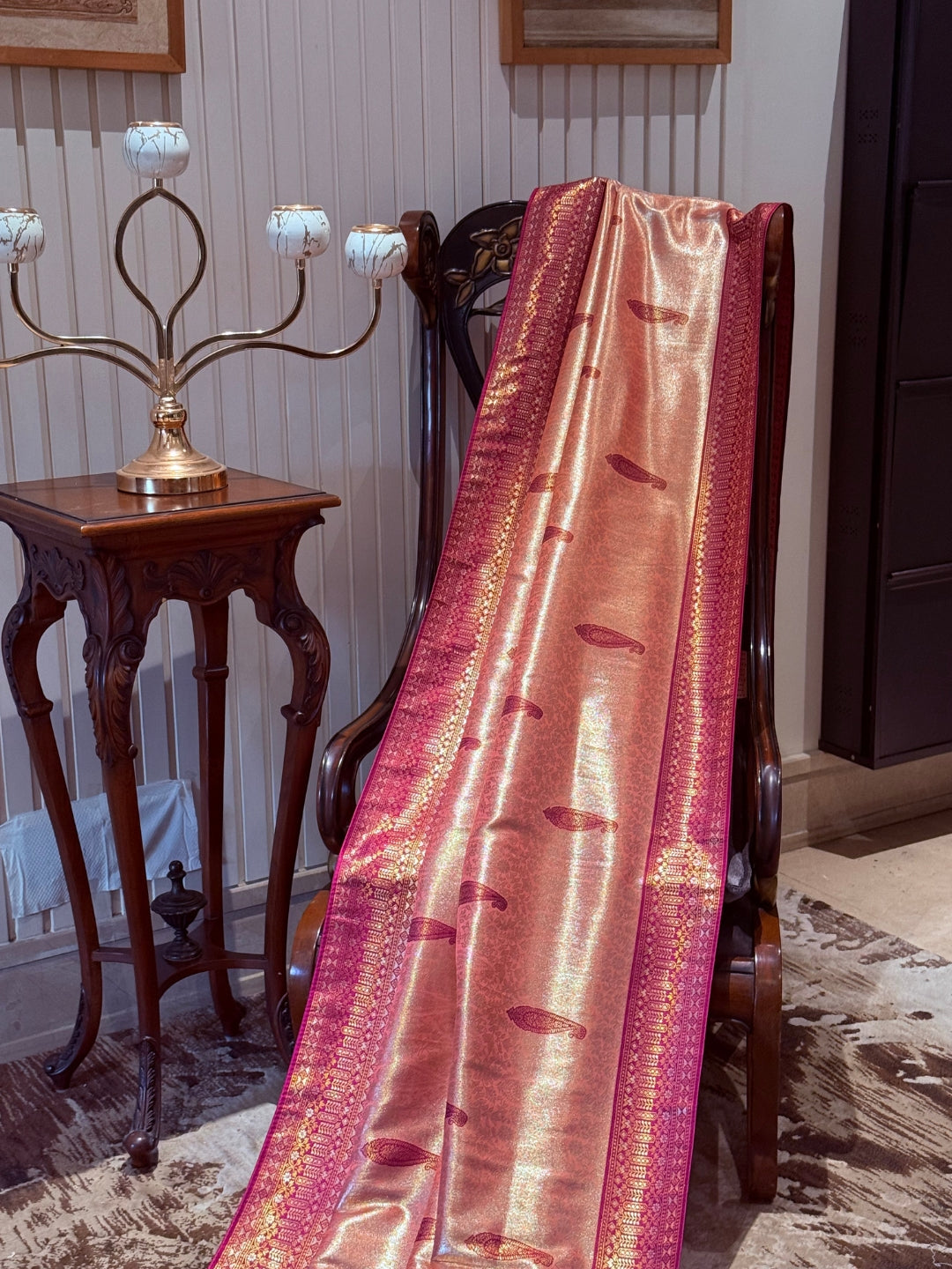 Rose Gold Banarasi Art Silk Saree with Magenta Zari Border & Paisley Butta, Tassel Pallu