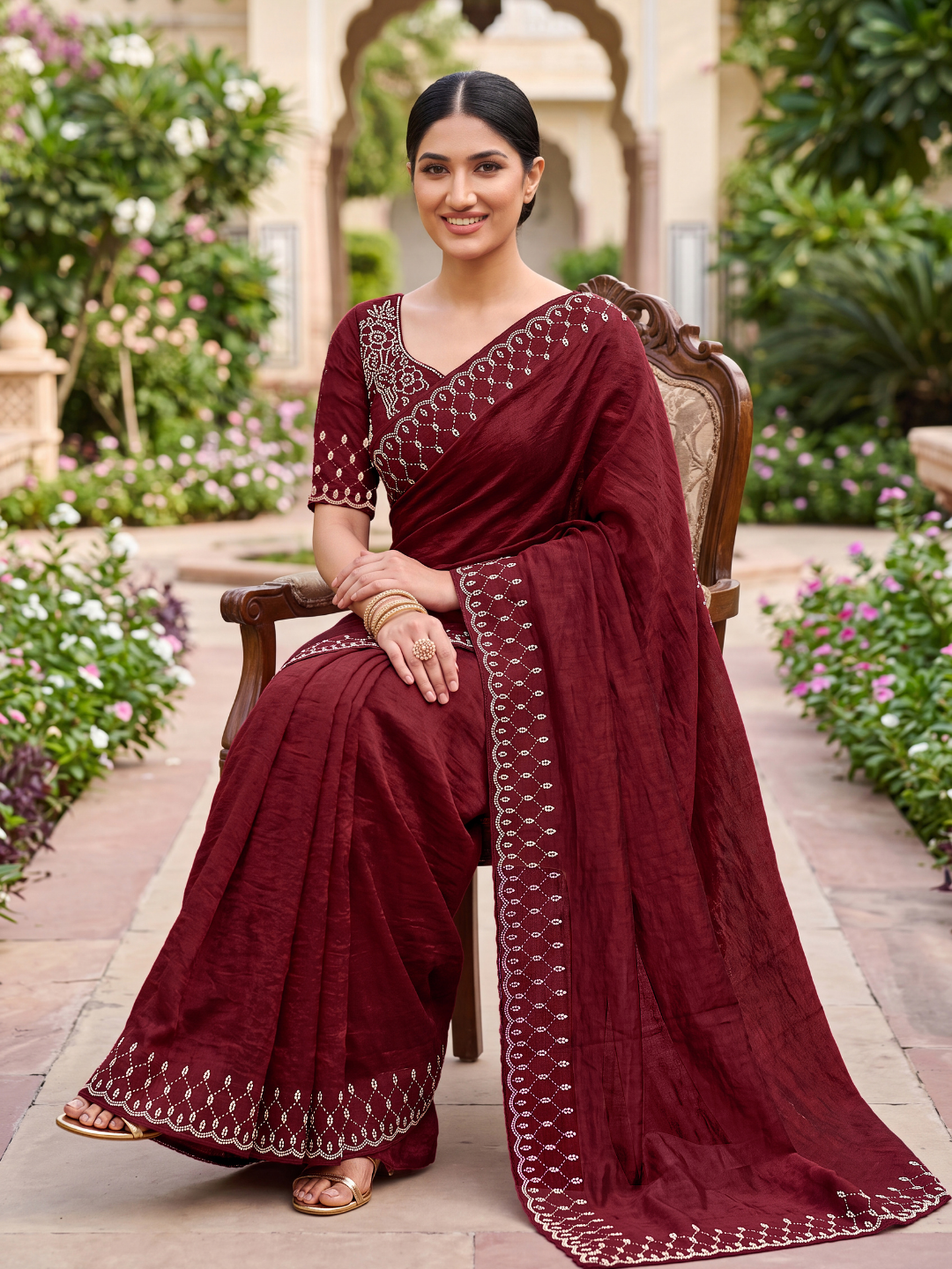 Maroon Sequin Embroidered Scalloped Border Saree with Embroidered Blouse peice