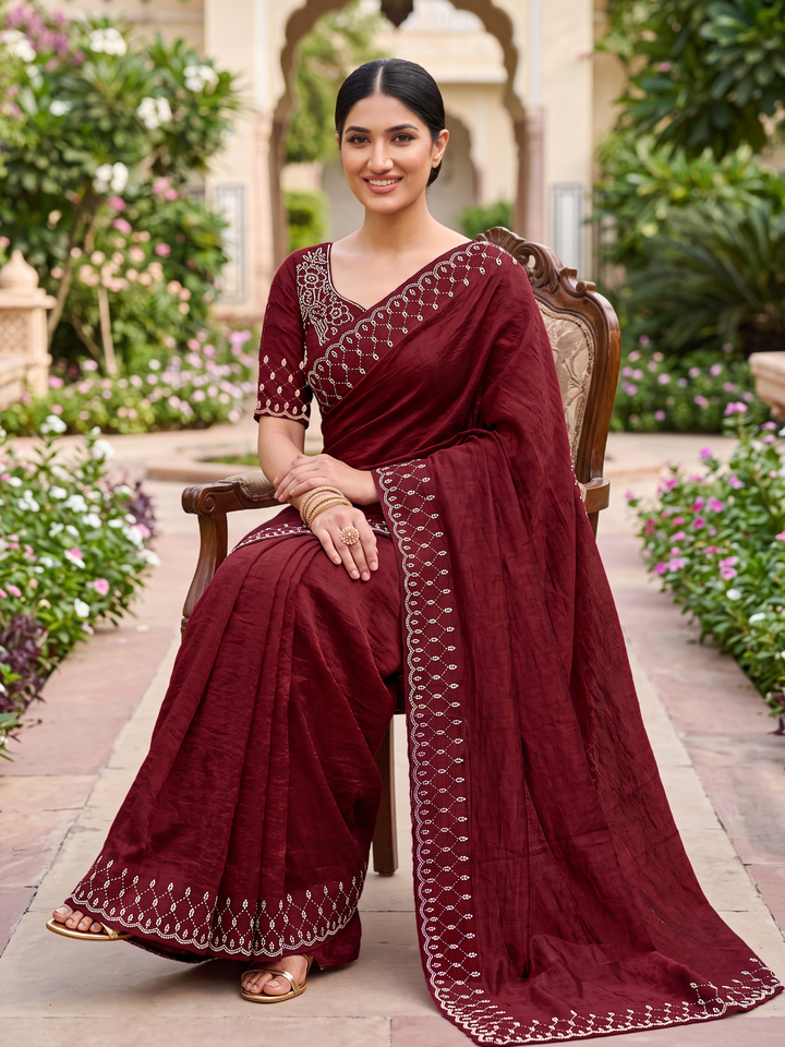 Maroon Sequin Embroidered Scalloped Border Saree with Embroidered Blouse peice