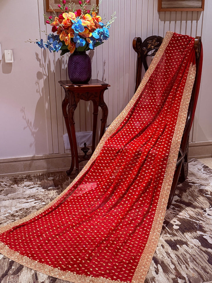 Georgette Saree with All-over Gold Butti Motifs & Grand Ornate Heavy Zari Border