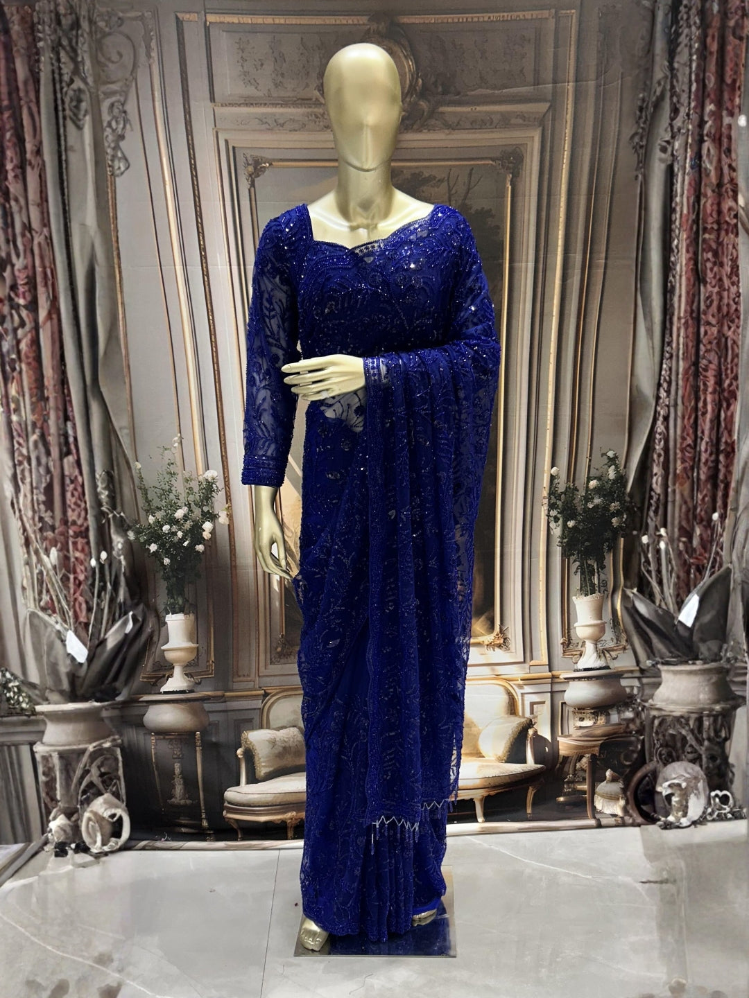 Heavy Sequin Embroidered Net Saree with Floral Border and Blouse