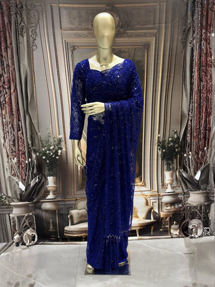 Heavy Sequin Embroidered Net Saree with Floral Border and Blouse