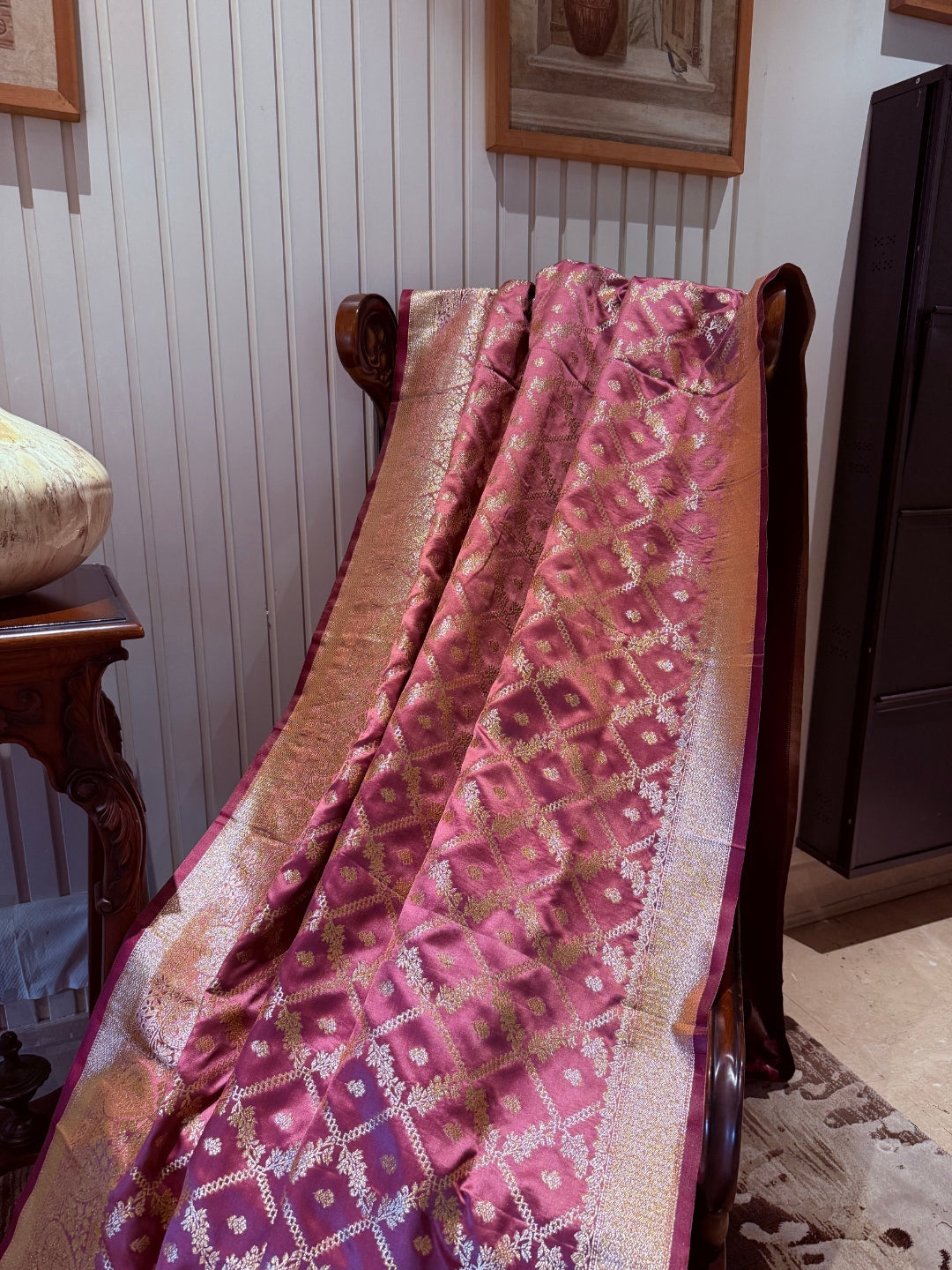Magenta Pink Zari Woven Saree with Gold Floral Diamond Check & Banarasi Brocade Border
