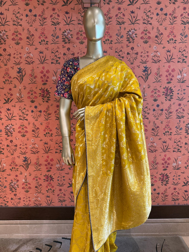 Mustard Yellow Saree with All-Over Zari Woven Floral Jaal & Embellished Border