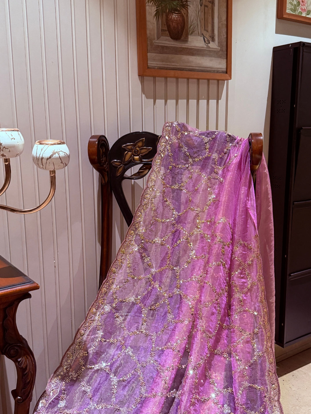 Pink Shimmer Net Saree with Sequin & Mirror Geometric Trellis and Scalloped Embroidered Border