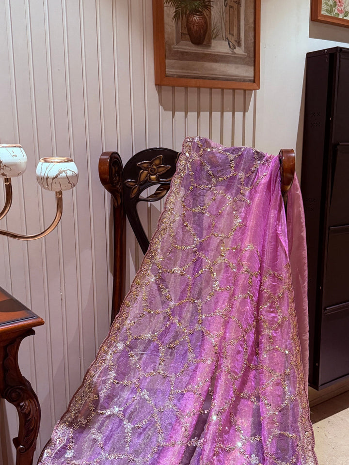 Pink Shimmer Net Saree with Sequin & Mirror Geometric Trellis and Scalloped Embroidered Border