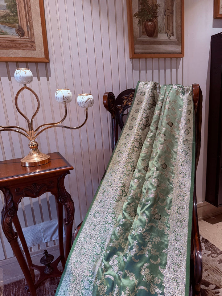 Sage Green Banarasi Art Silk Saree with Antique Gold Zari Floral Motifs & Brocade Border