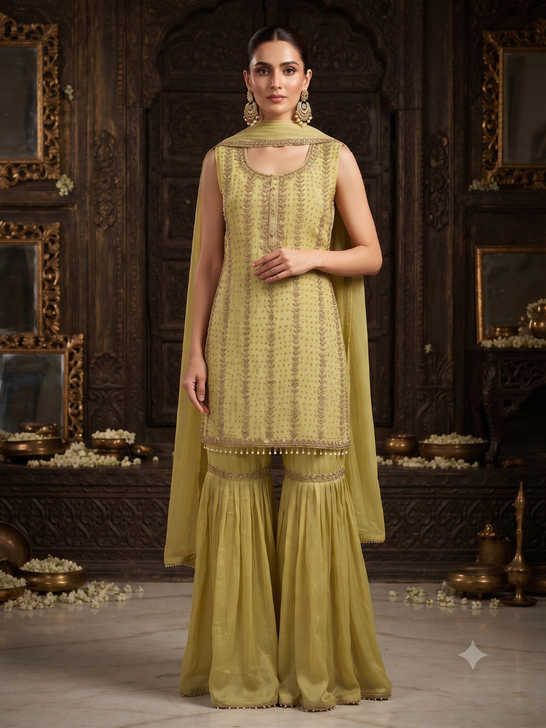 Sequin Embroidered Sleeveless Kurta with Sharara Set in Pear Green