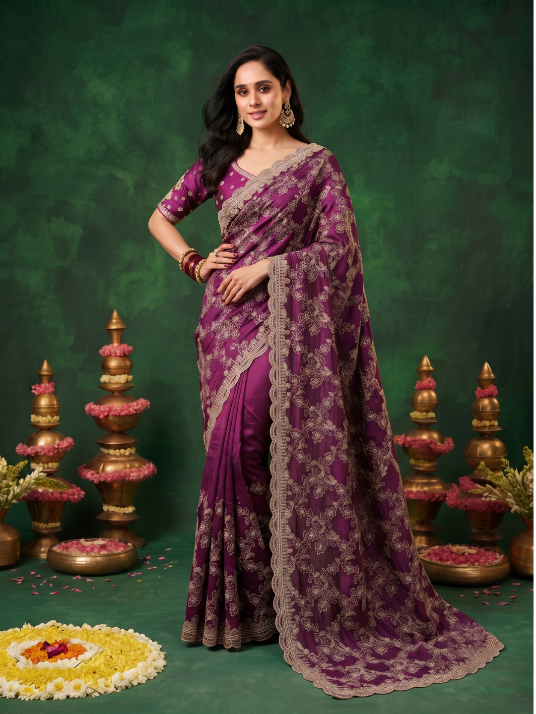 Silk Saree with Zari Floral Jaal Embroidery & Scalloped Cutwork Border