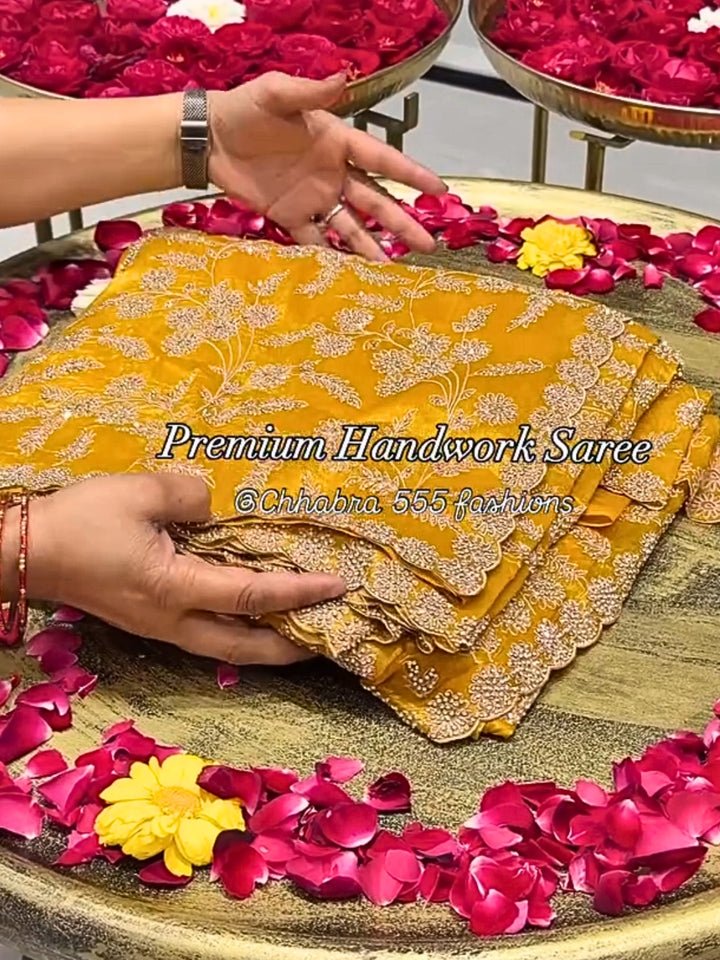 Mustard Yellow Floral Zari Embroidery & Stones Embellishment Saree with Scalloped Border
