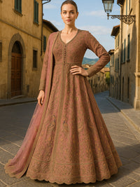 Rosewood Pink Embroidered Anarkali Gown with Heavy Zari Work & Dupatta