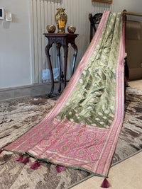 Pastel Green Pink Zari Butta Woven Banarasi Art Silk Saree with Contrast Pallu Border.