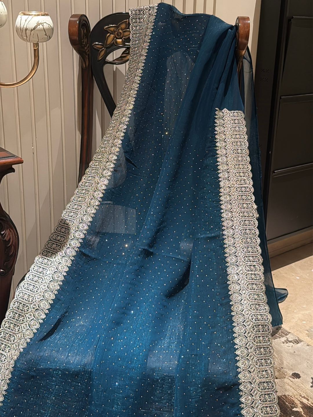 Teal Blue Shimmer Saree with All-Over Silver Sequin Scatter & Intricate Embroidered Border
