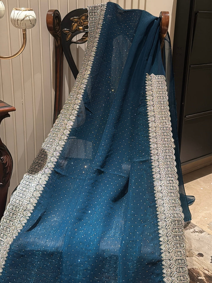 Teal Blue Shimmer Saree with All-Over Silver Sequin Scatter & Intricate Embroidered Border