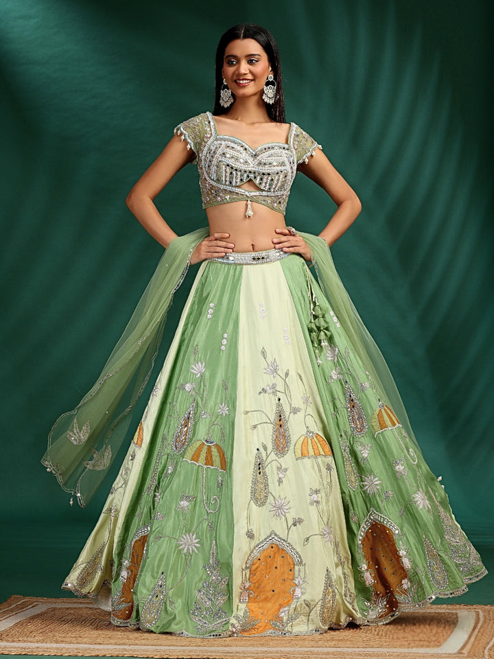Silk Lehenga Choli Set with Mirror & Sequin Embroidery and Net Dupatta