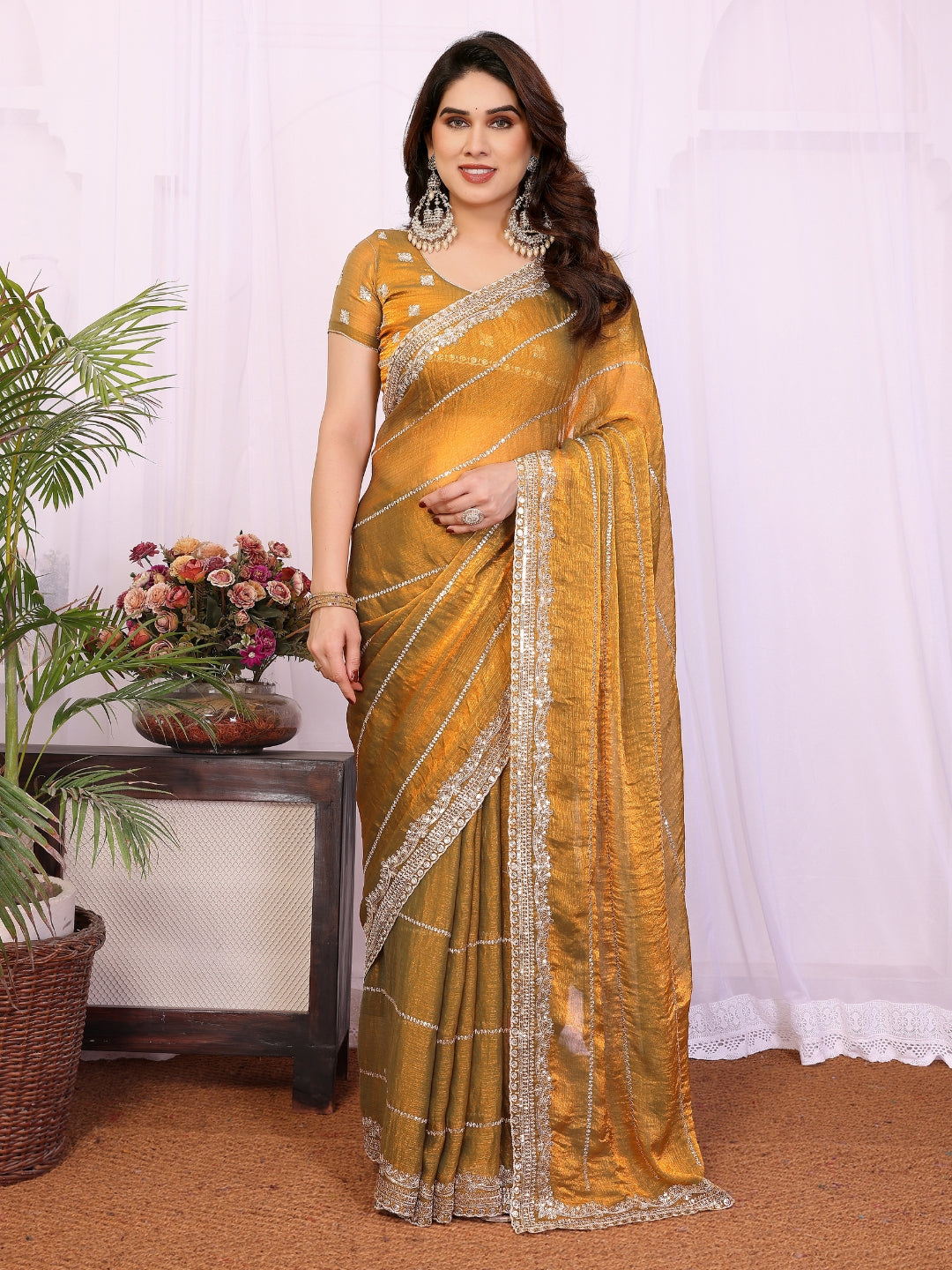 Shimmer Saree with Diagonal Sequin Lines & Heavy Stone Embroidered Border