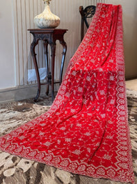 Red Velvet Saree with Heavy Silver Zari Floral Embroidery and Scalloped Border