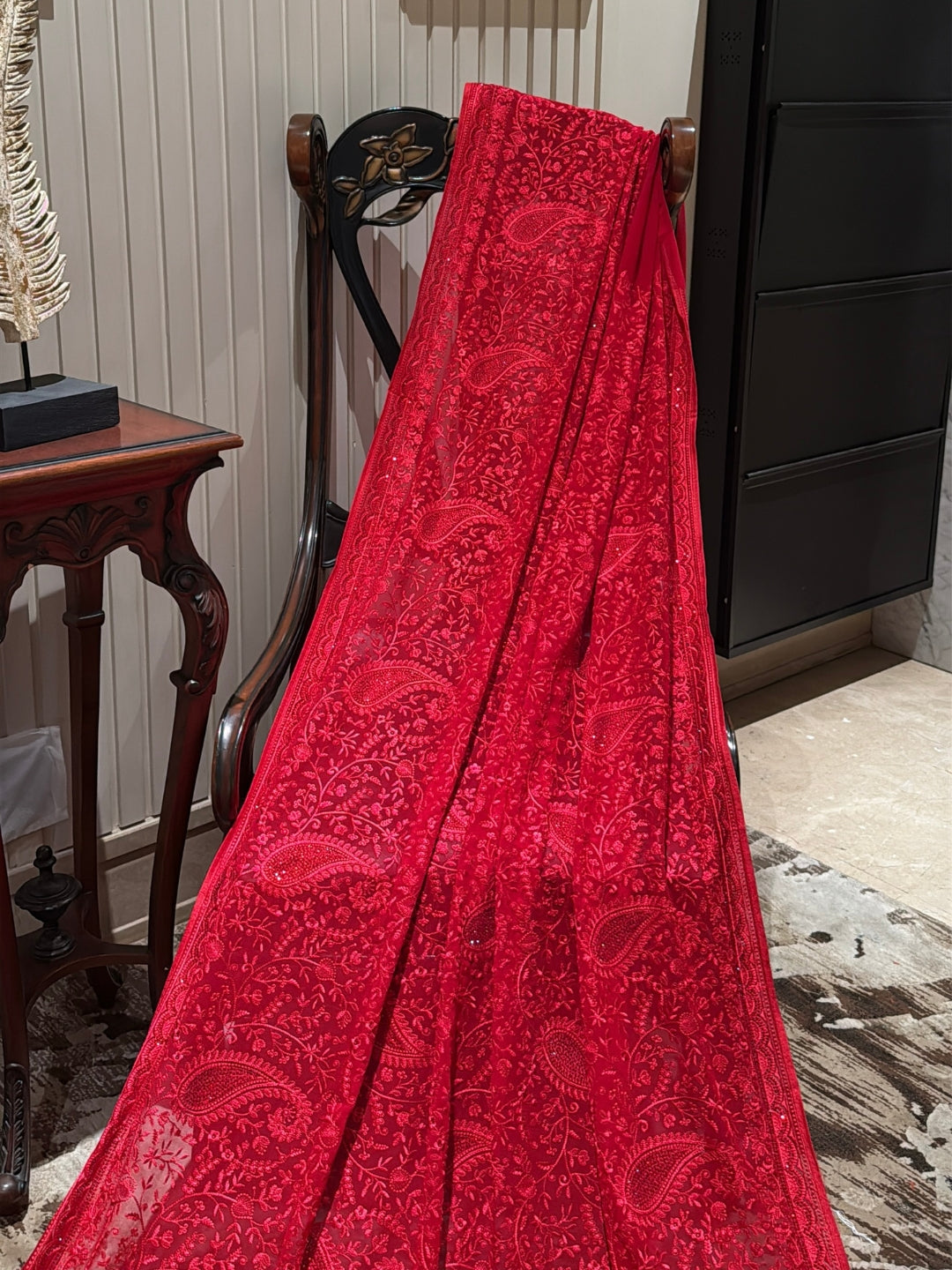 Red Georgette Saree with Tonal Paisley & Floral Thread Embroidery
