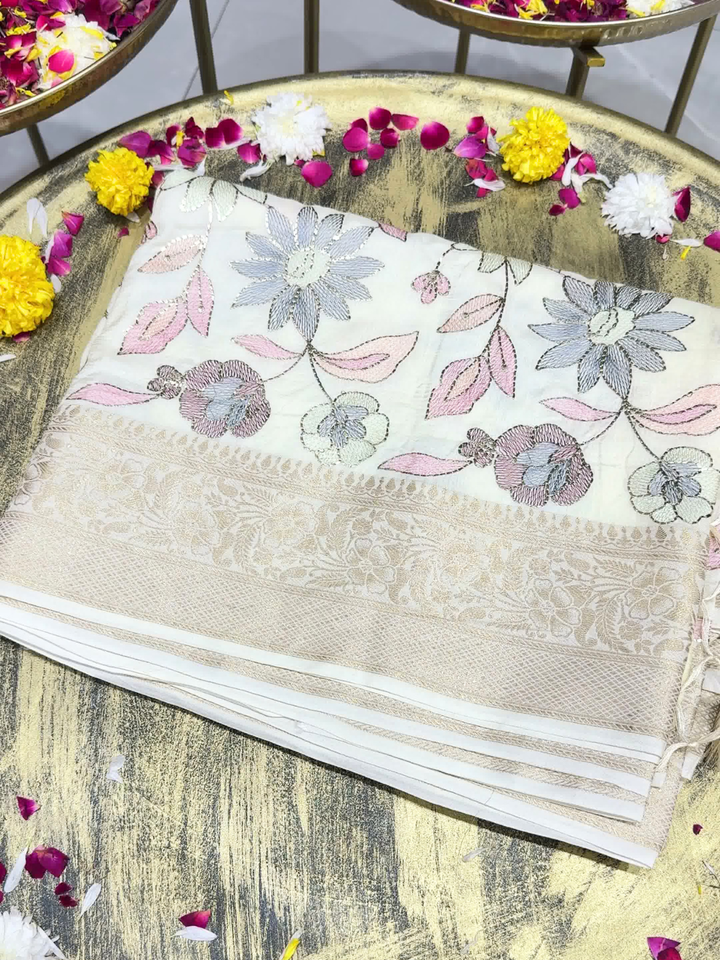 Off White Banarasi Silk Saree with Floral Embroidery and Zari Woven Border