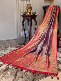 Wine Purple Banarasi Saree with Red Meenakari Zari Border and Tasselled Pallu