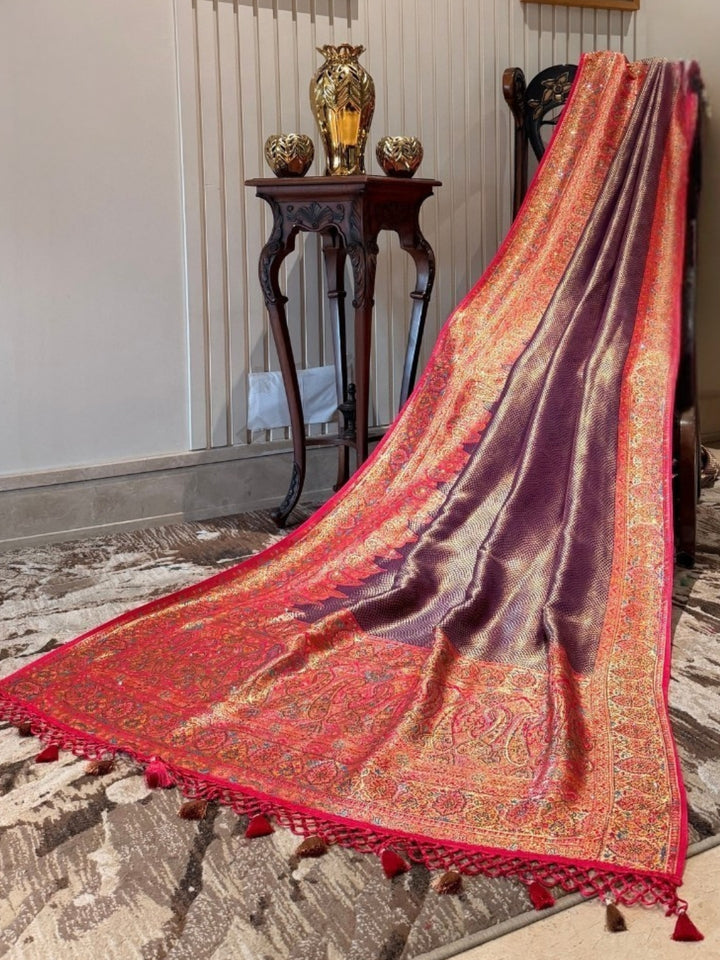 Wine Purple Banarasi Saree with Red Meenakari Zari Border and Tasselled Pallu