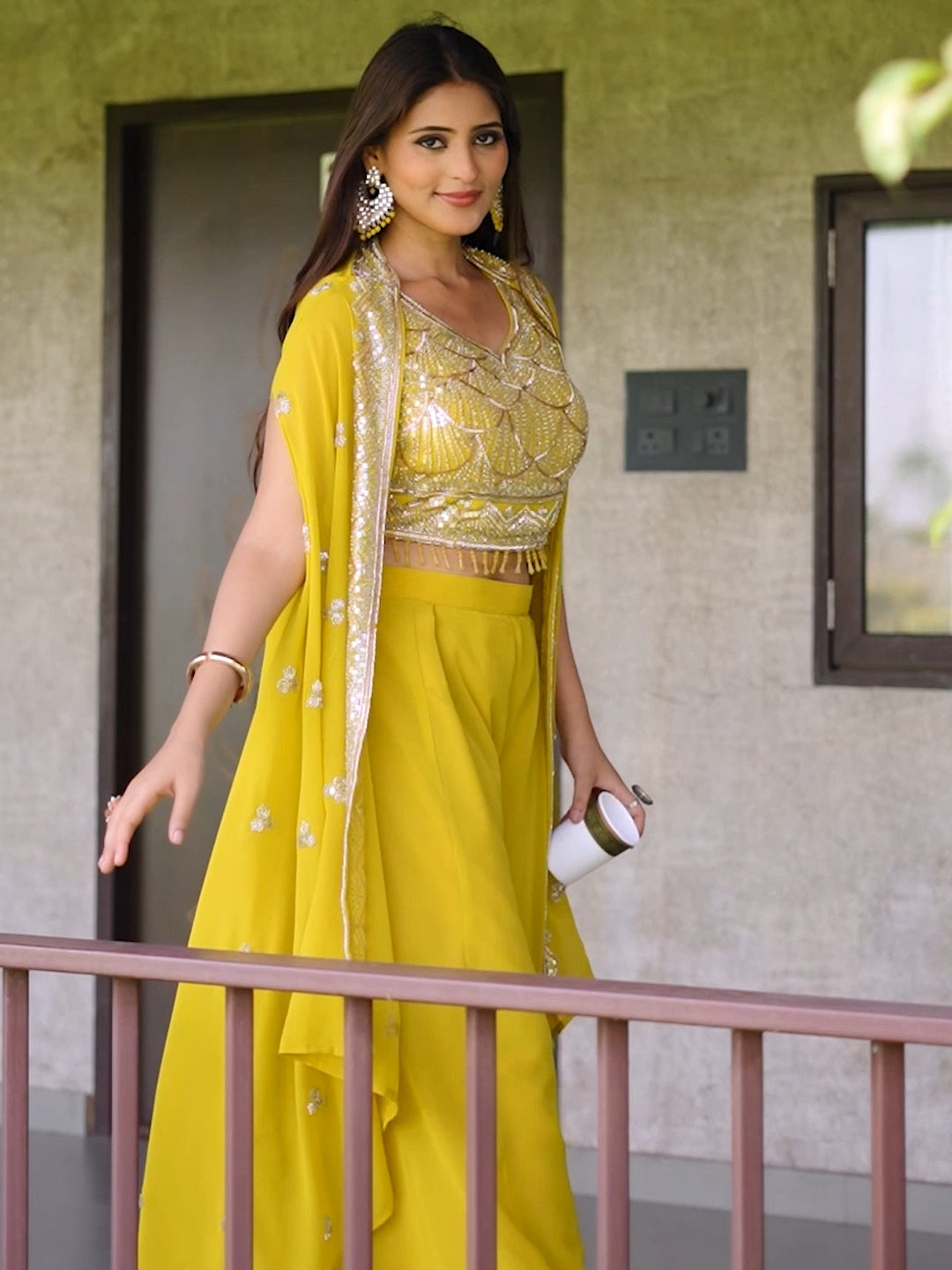 Sequinned Georgette Crop Top Palazzo Set with Shrug