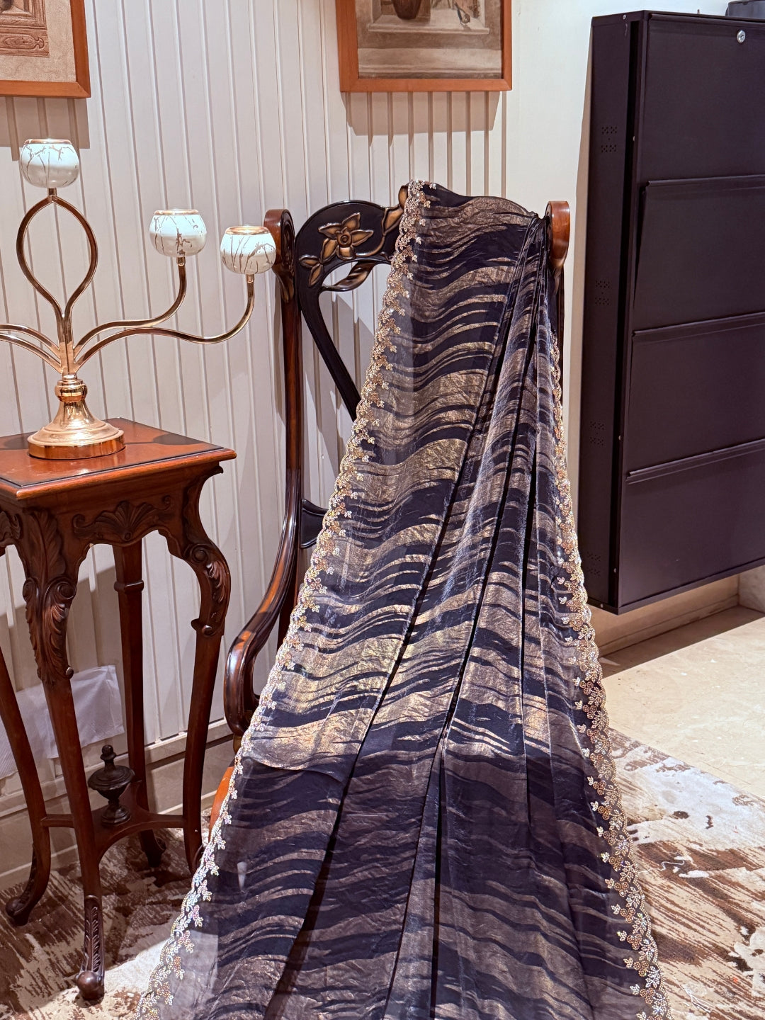 Black Saree with Gold Shimmer Wavy Stripes & Pastel Embroidered Floral Sequin Border