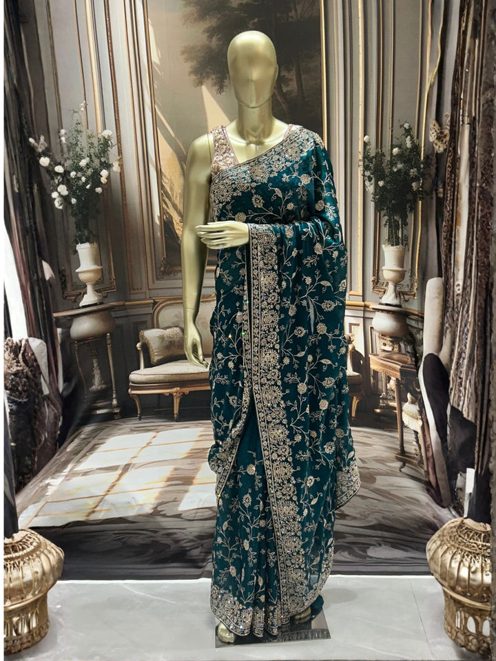 Teal Saree with Antique Gold Zardozi, Sequin, Heavy Embroidered Border & Butis with Blouse Piece